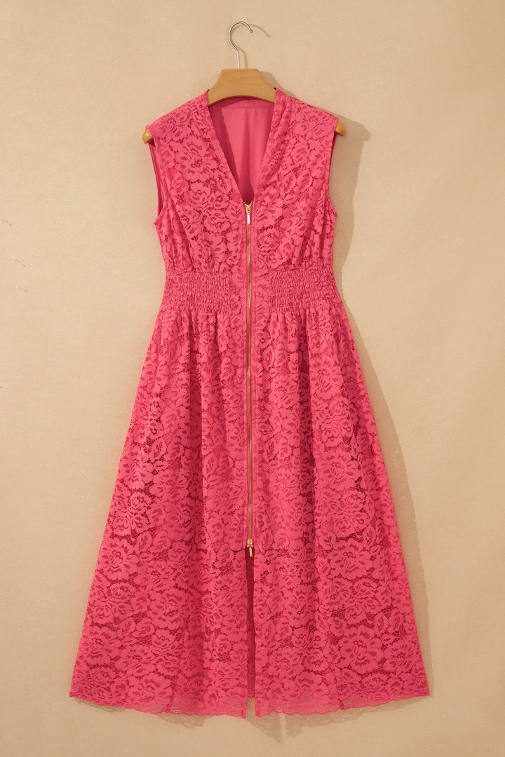 Coral Floral Lace Overlay Zip Up V Neck Smocked Waist Sleeveless Dress