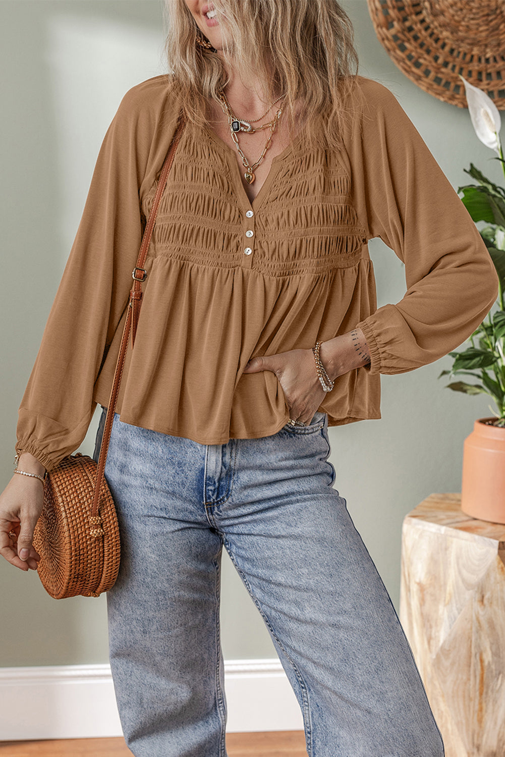 Smocked Bust Buttoned Split V Neck Flow Fit Blouse