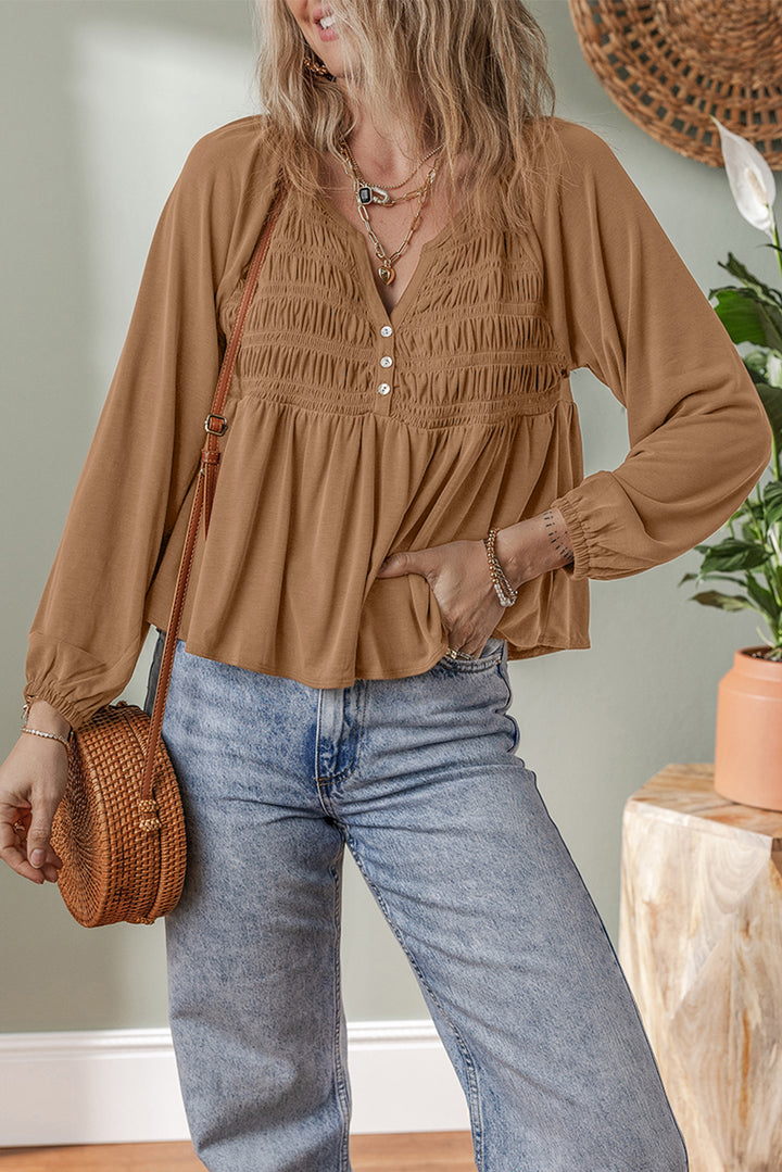 Smocked Bust Buttoned Split V Neck Flow Fit Blouse