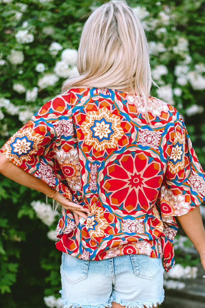 Floral Print Batwing Sleeve V Neck Blouse