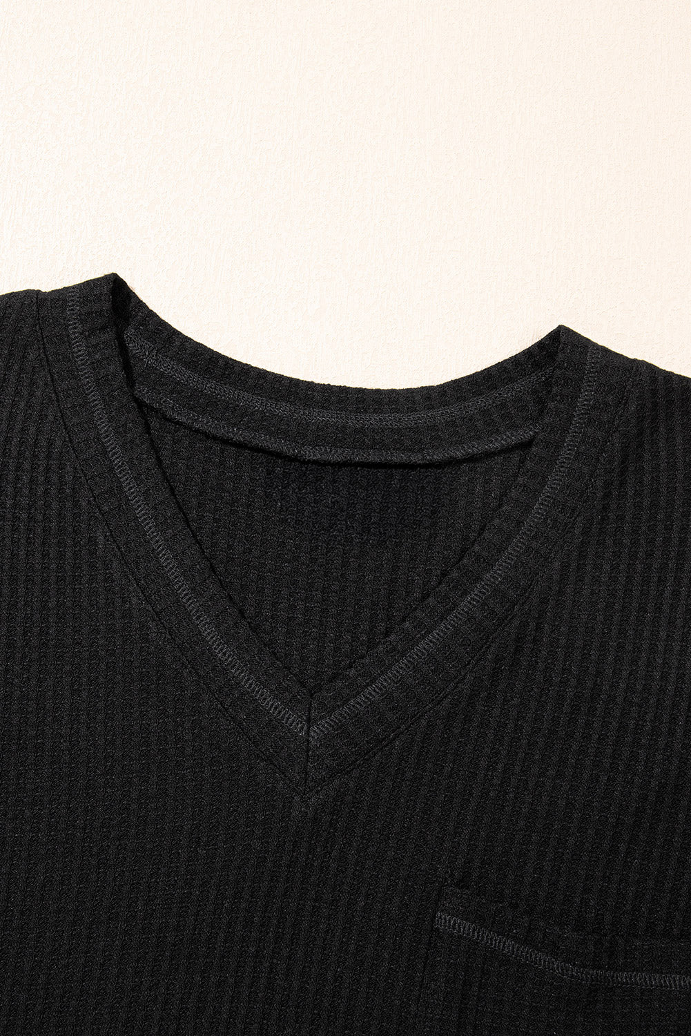 Black Solid Color Waffled V Neck Loose Tee Drawstring Shorts Set