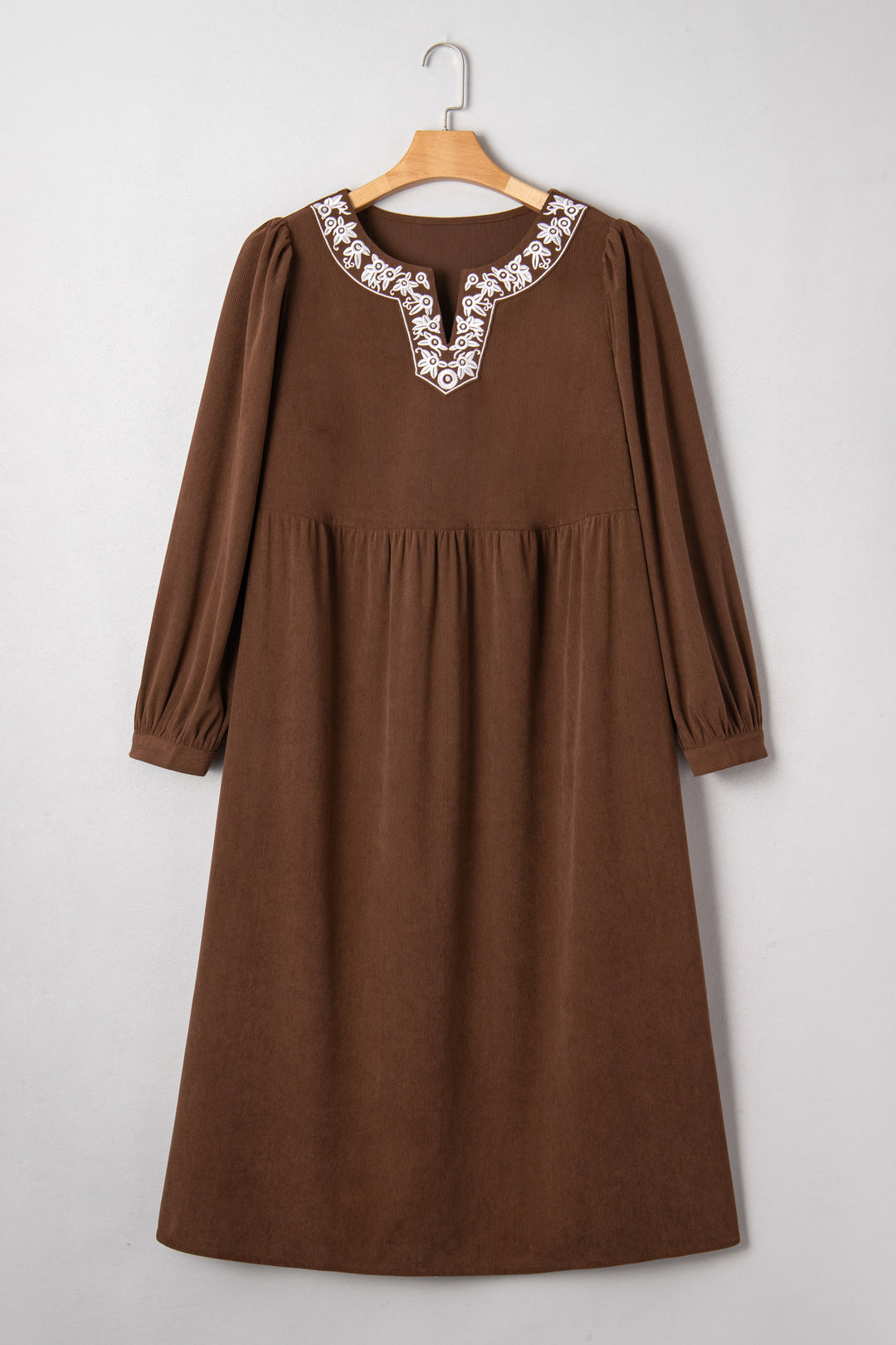 Coffee Embroidered Notched Neckline Pleated High Waist Plus Size Midi Dress