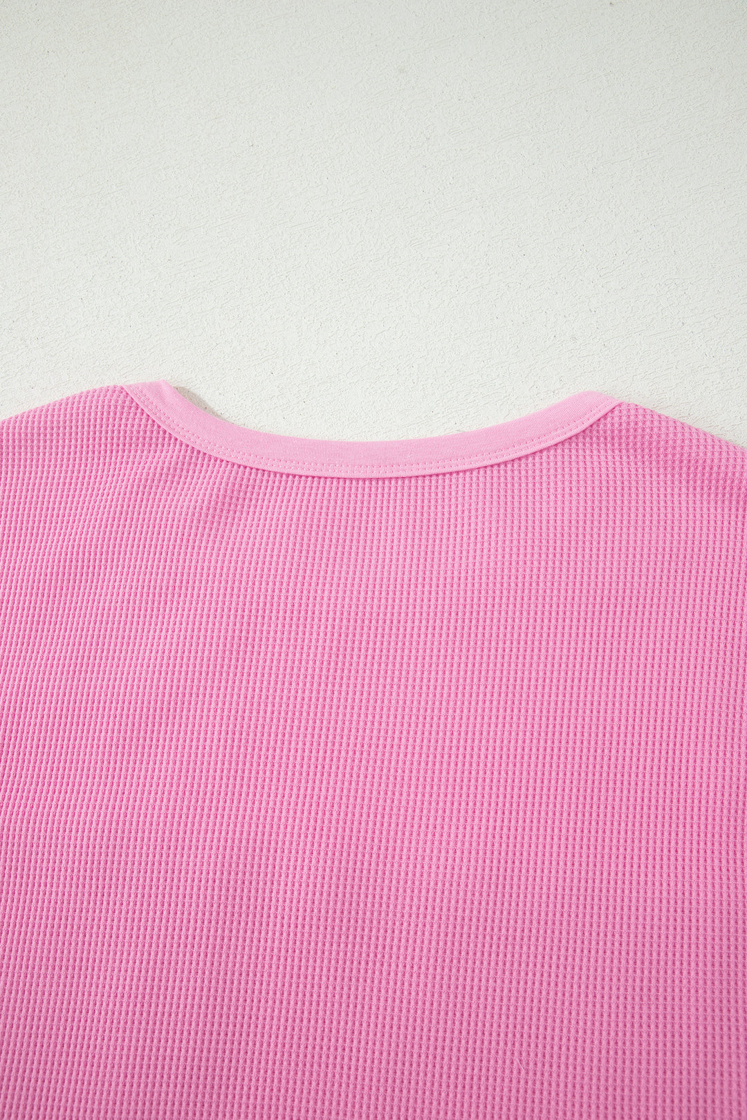 Pink Solid Color Raw Seam Waffled Patchwork Casual T Shirt