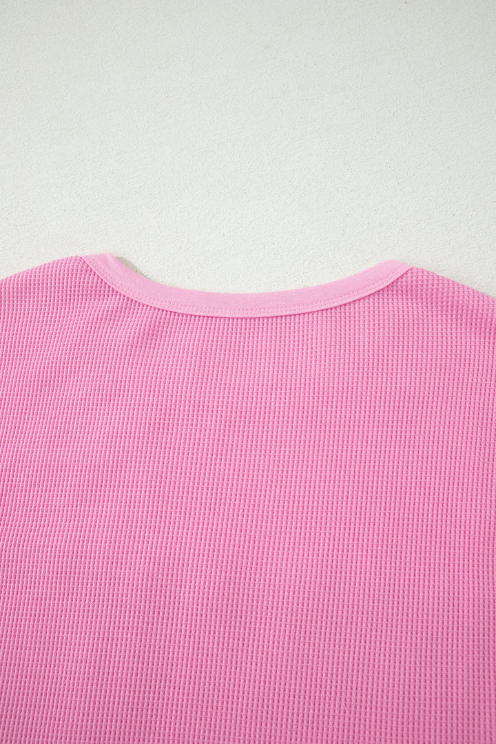 Pink Solid Color Raw Seam Waffled Patchwork Casual T Shirt