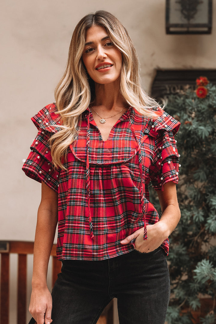 Festive Plaid Pearl Embellished Ruffle Short Sleeve Blouse