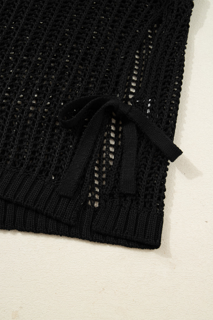 Black Plus Size Open Knit Bow Tie Short Sleeve Sweater