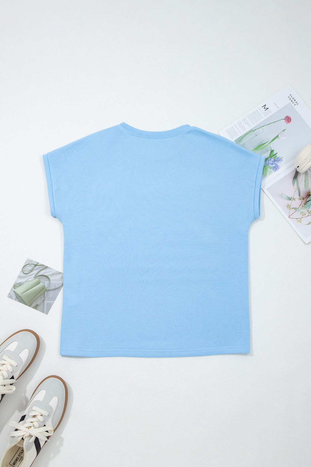Mist Blue USA Flag Textured Patchwork Cap Sleeve Tee