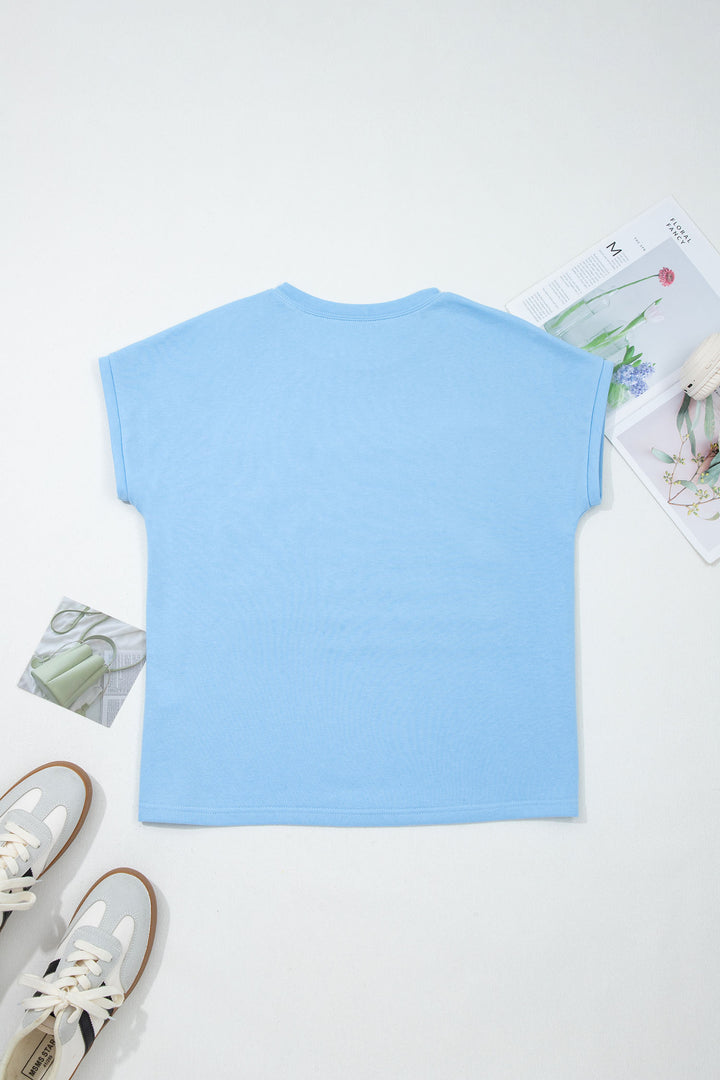 Mist Blue USA Flag Textured Patchwork Cap Sleeve Tee