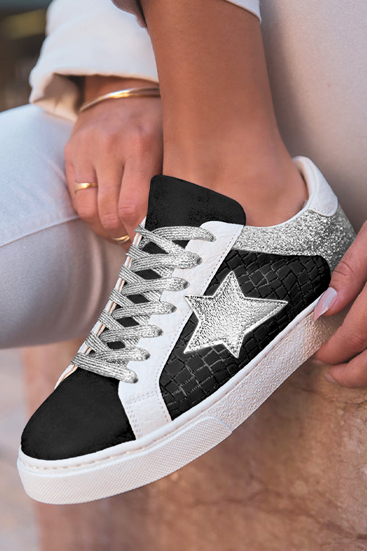Schnür-Sneakers aus PU-Leder mit Glitzerstern-Patchwork 