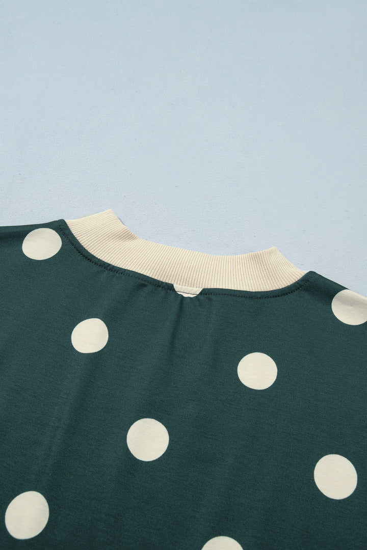 Green Polka Dot Print Trim Baggy Pullover Drawstring Skirt 2pcs Set