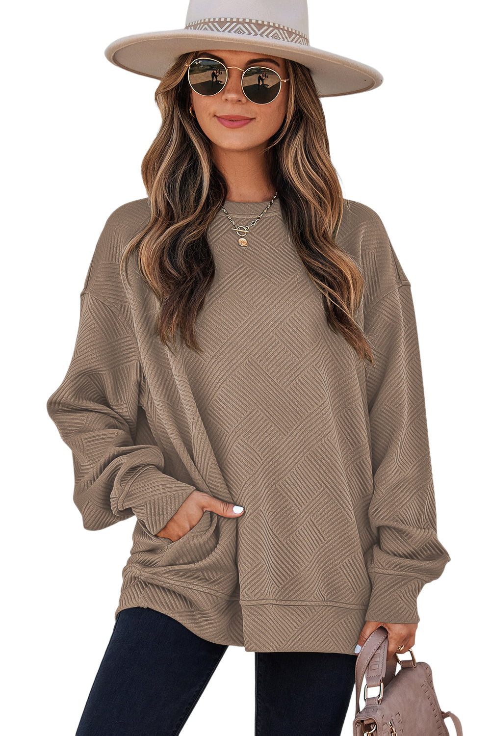 Parchment Solid Color Textured Round Neck Drop Shoulder Pullover Sweatshirt