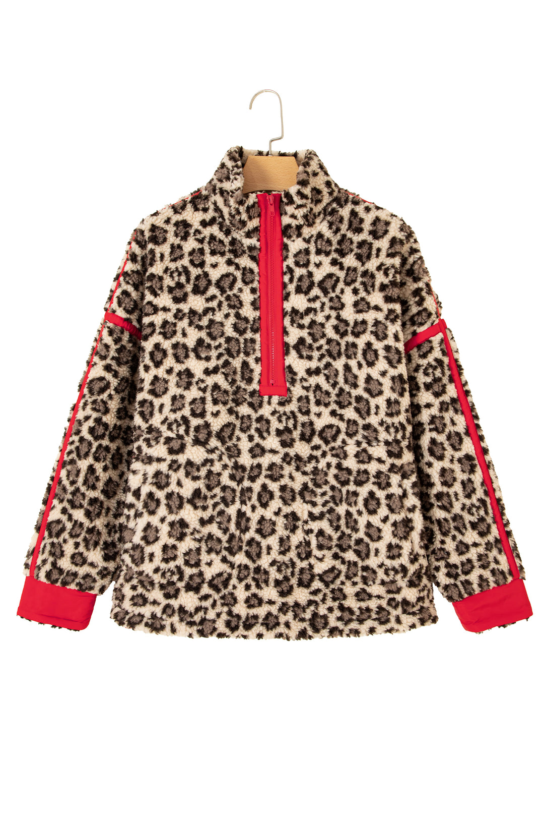 Brown Leopard Print Zip-Up Red Accents Pockets Sweatshirt