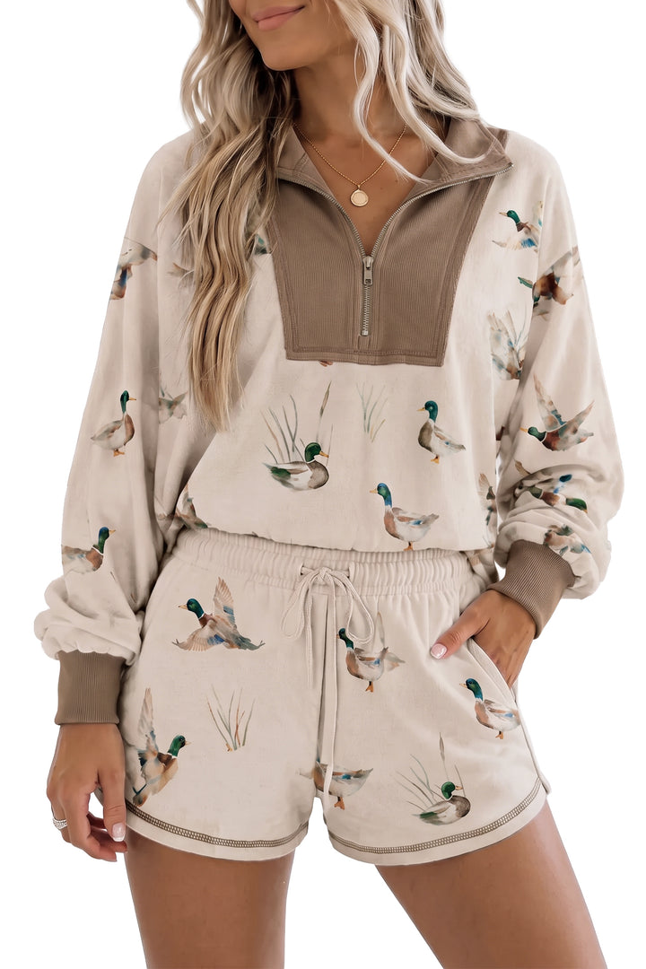 Khaki Mallard Print Color Block Patchwork Zip Pullover and Shorts Set