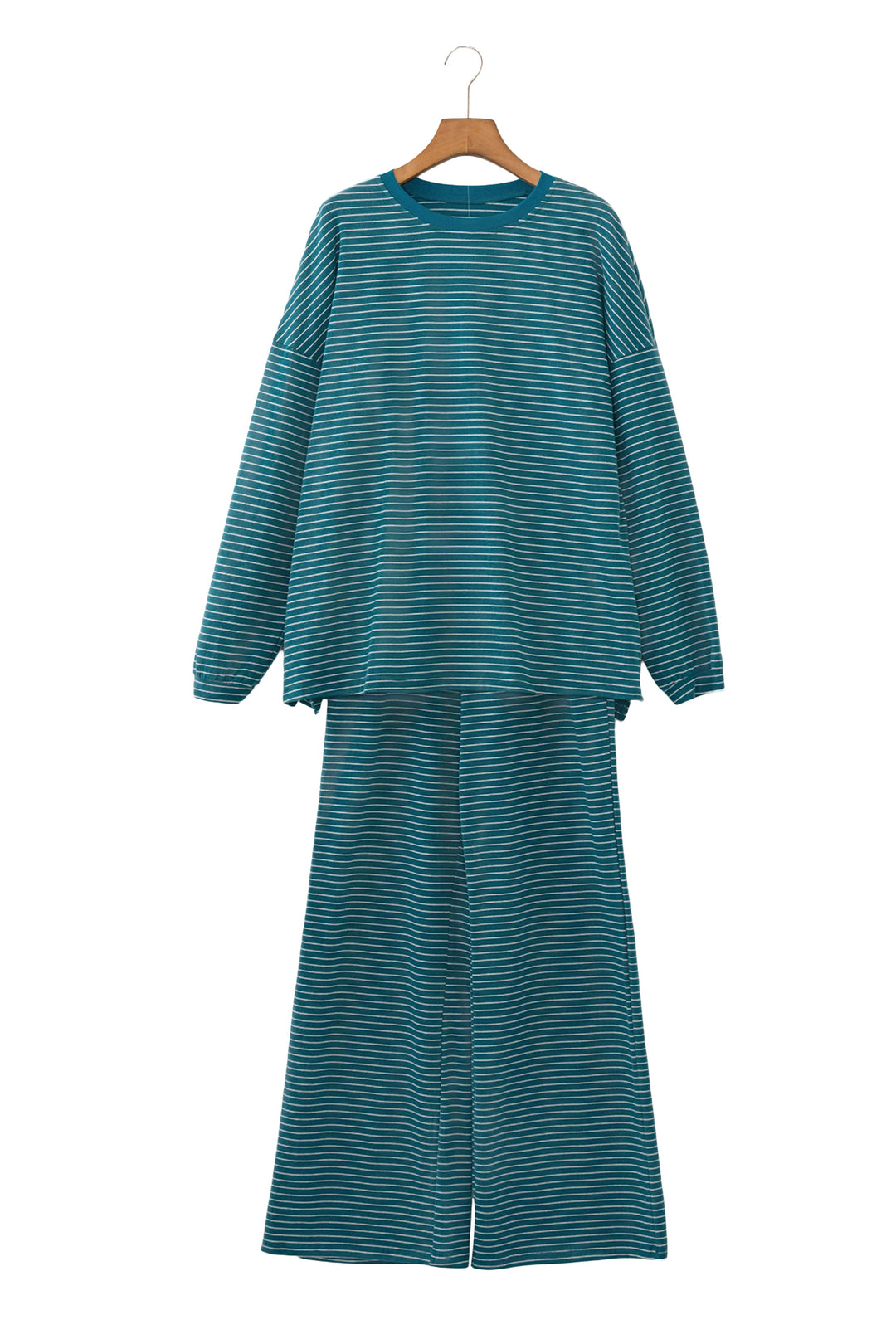 Green Stripe Dropped Shoulder Long Sleeve Top Elastic Waist Pants Casual 2pcs Set