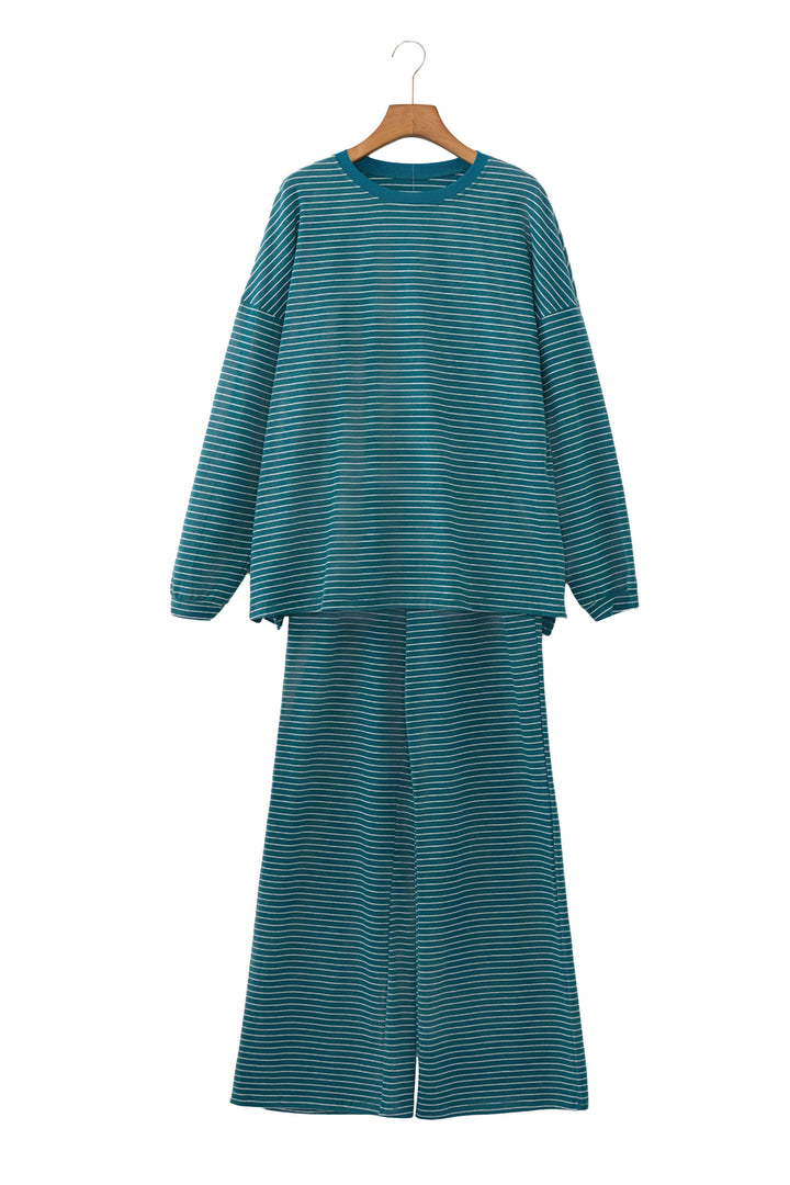 Green Stripe Dropped Shoulder Long Sleeve Top Elastic Waist Pants Casual 2pcs Set