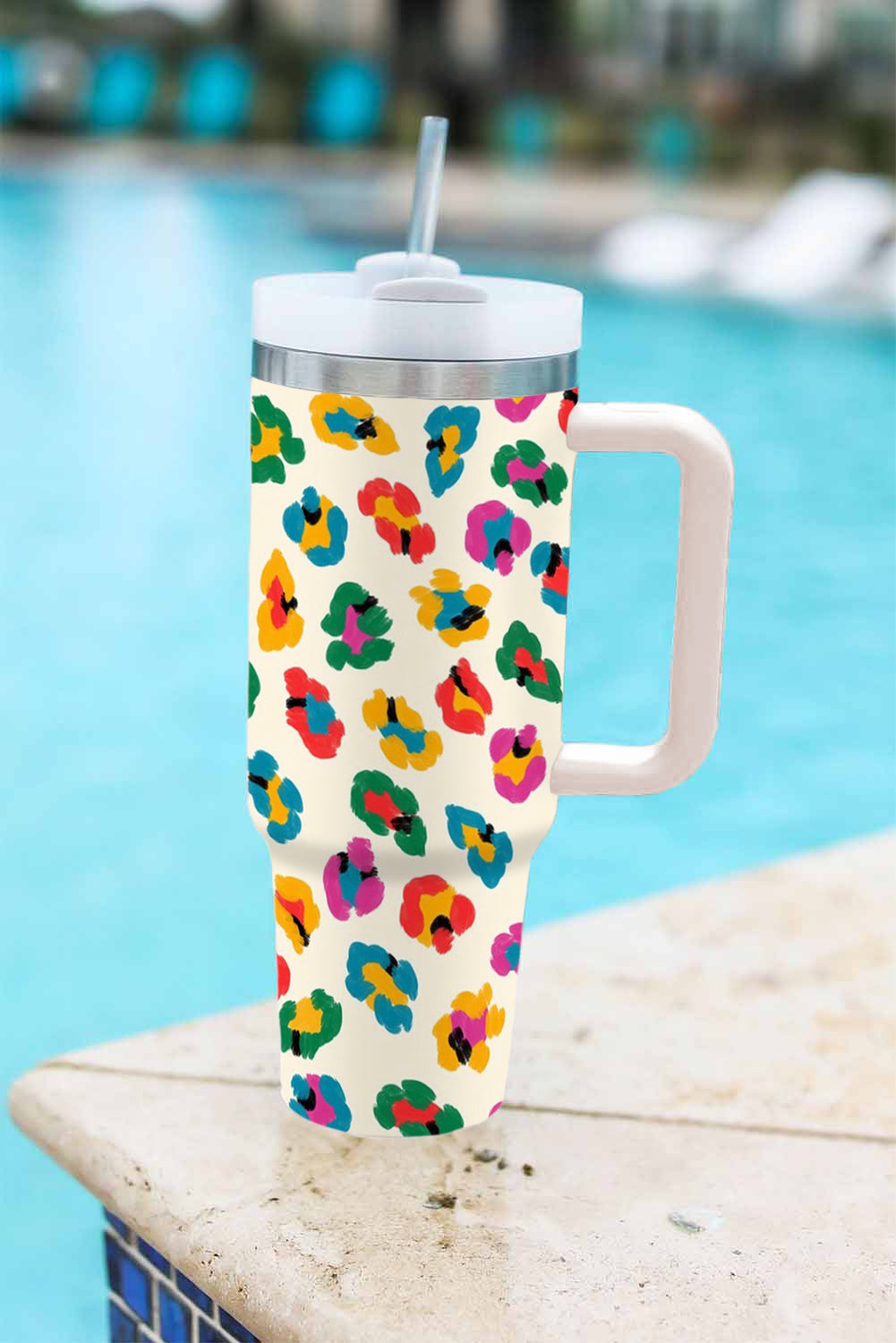 Multi Color Leopard Print Handle Stainless Tumbler 40oz