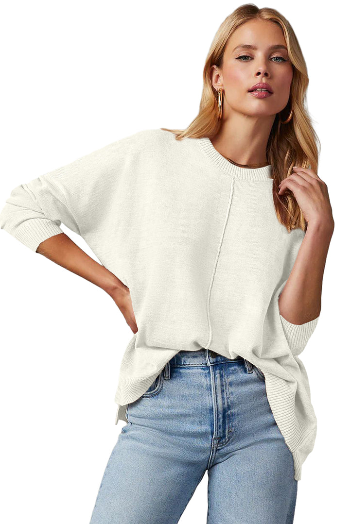 Front Center Seam Drop Shoulder Pullover Solid Sweater
