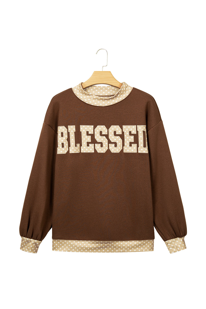 Coffee Polka Dot Trim High Neck BLESSED Letter Graphic Baggy Sweatshirt