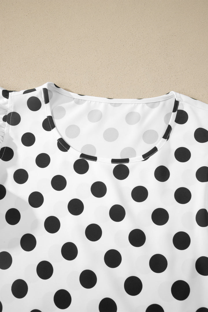 White Polka Dot Print Ruffled Short Sleeve Blouse