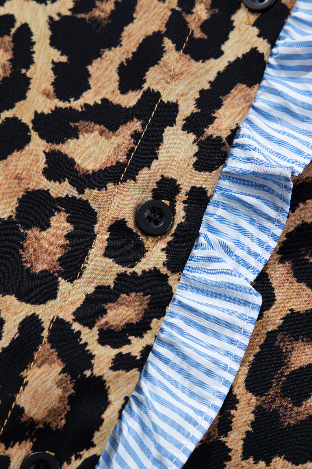 Wild Leopard Print Contrast Striped Frilled Trim Chic Shirt