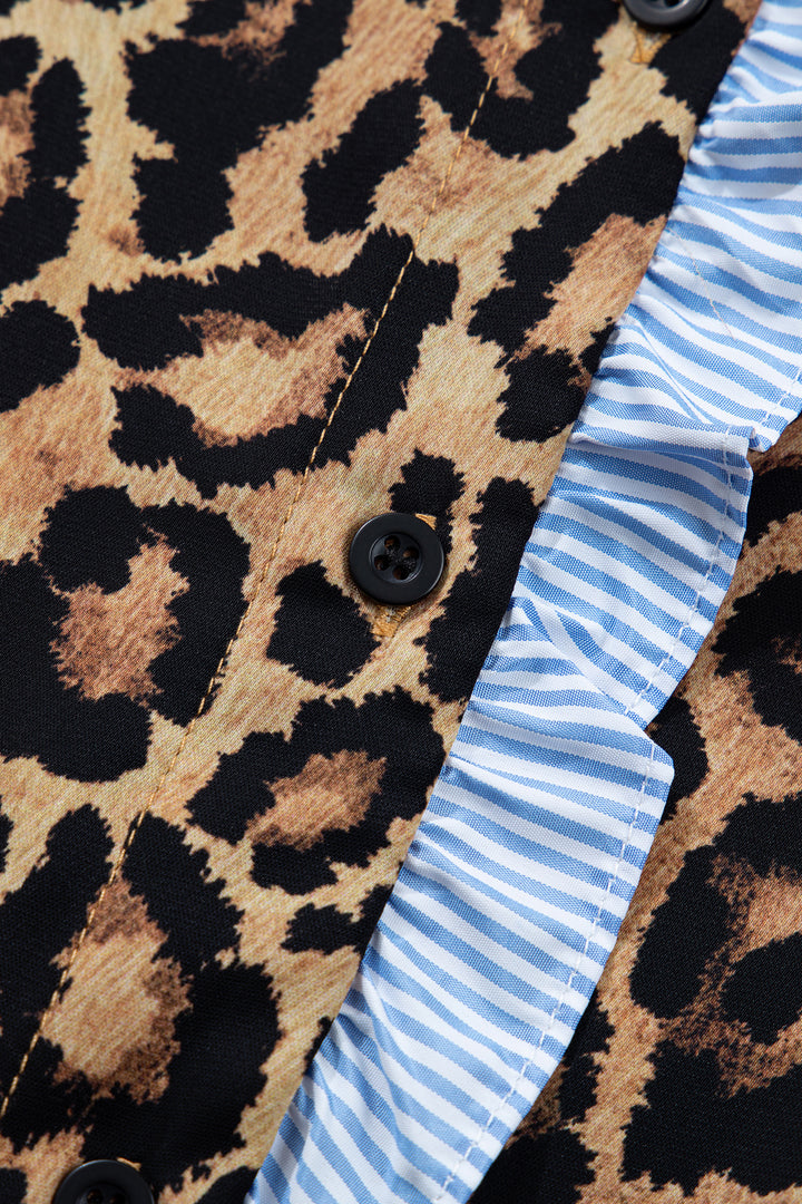 Wild Leopard Print Contrast Striped Frilled Trim Chic Shirt