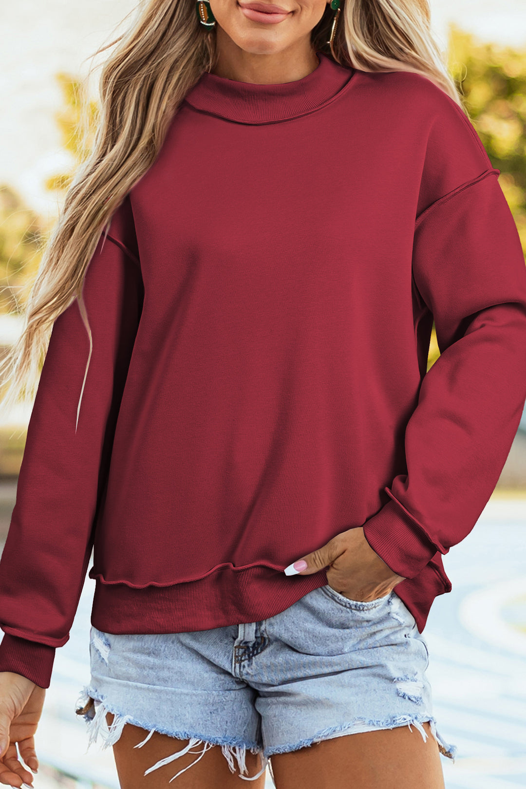 Red Dahlia Oversize Drop Shoulder Reversible Mock Neck Sweatshirt