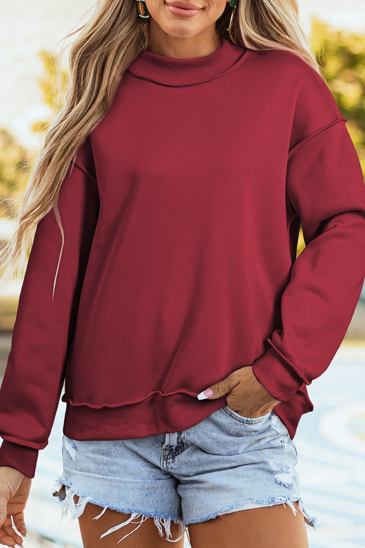 Red Dahlia Oversize Drop Shoulder Reversible Mock Neck Sweatshirt