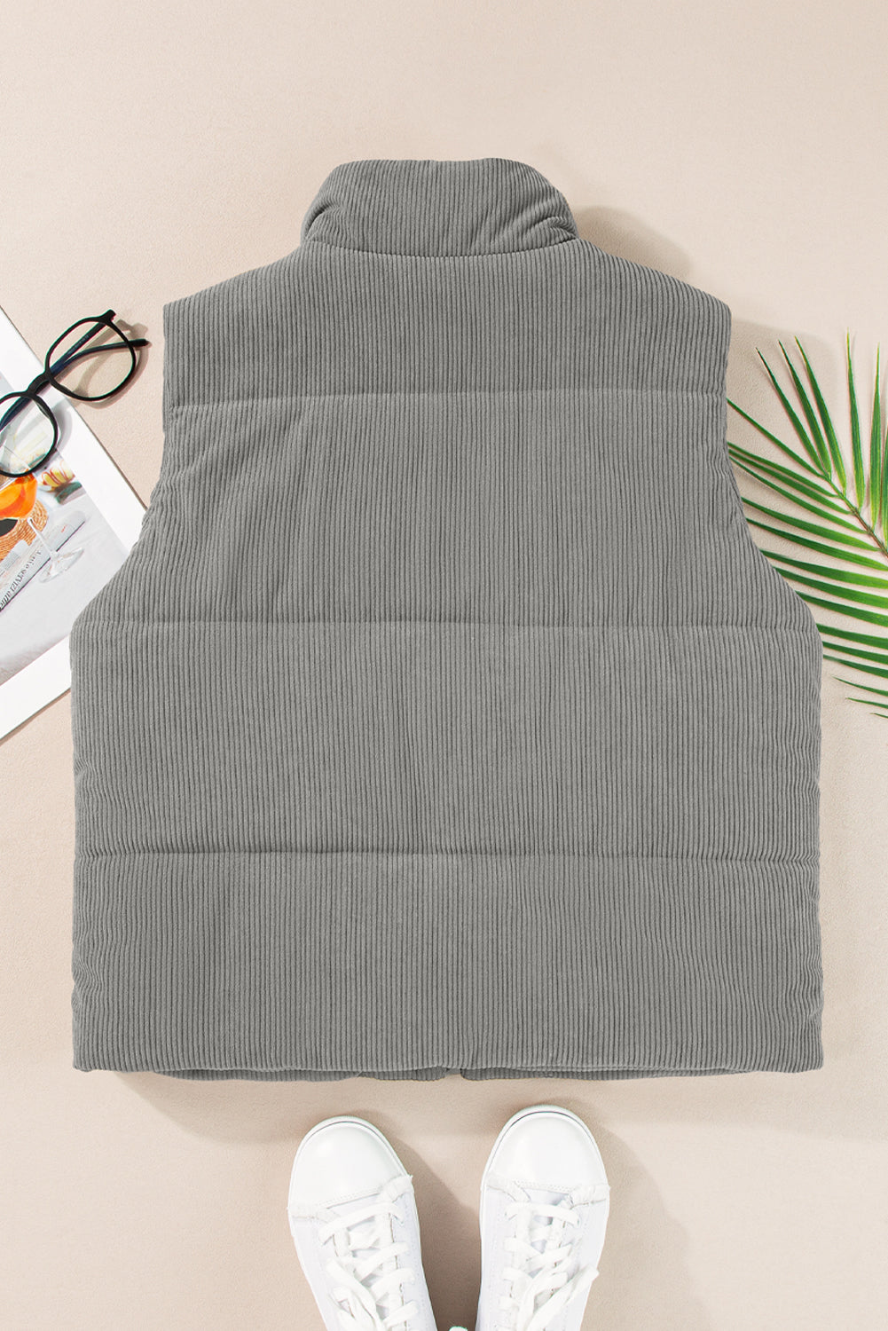 Gray Corduroy Stand Neck Zipped Puffer Vest