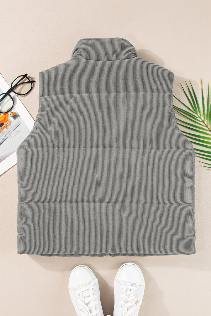 Gray Corduroy Stand Neck Zipped Puffer Vest