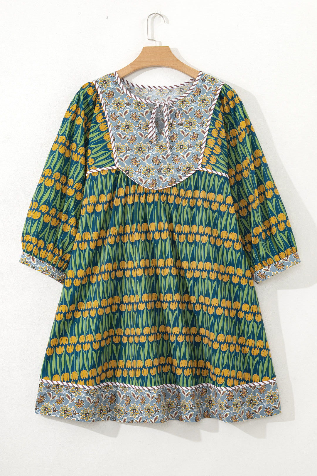 Green Plus Size Mixed Floral Print Striped Trim Loose Cotton Mini Dress