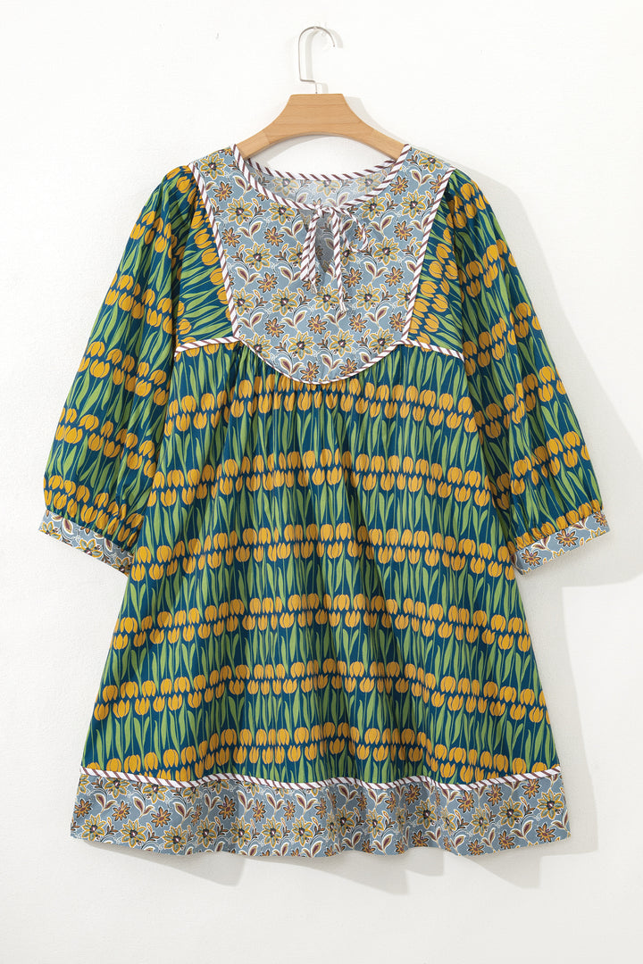 Green Plus Size Mixed Floral Print Striped Trim Loose Cotton Mini Dress
