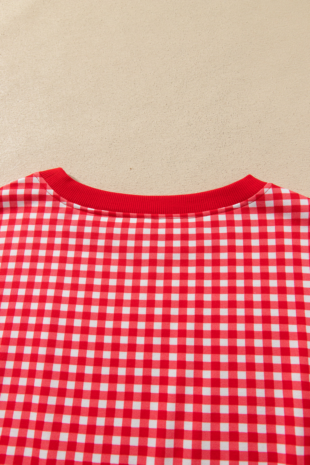 Red Gingham Oversized Ribbed Trim Crew Neck Long Sleeve Top and Skort Set
