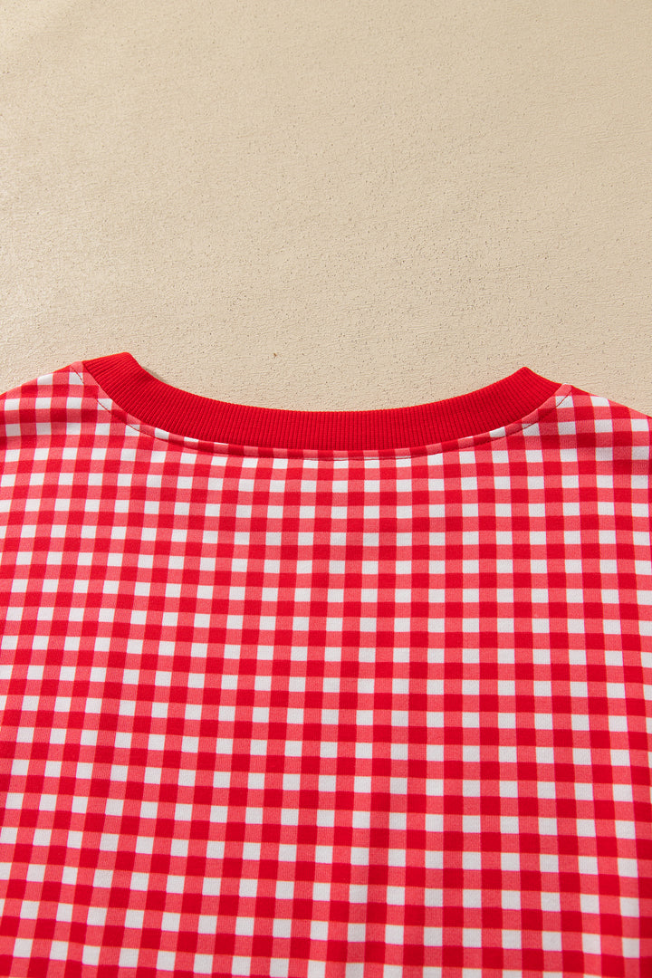 Red Gingham Oversized Ribbed Trim Crew Neck Long Sleeve Top and Skort Set