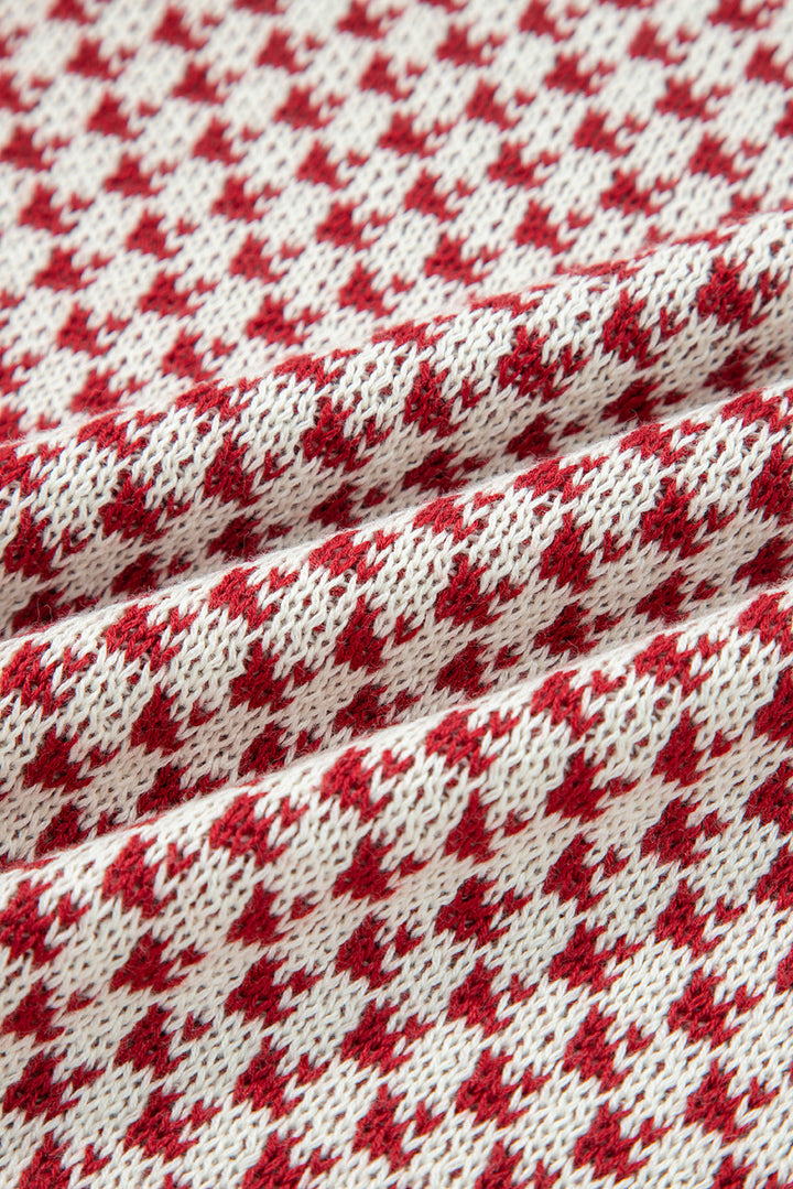 Red Contrast Color Pattern Lantern Sleeve Sweater