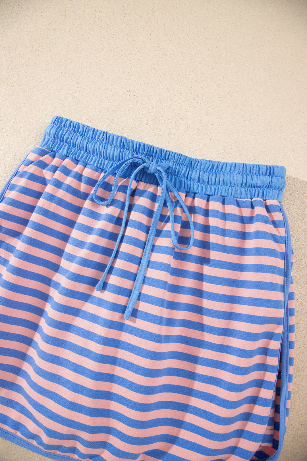 Blue Stripe Long Sleeve Relaxed Pullover Drawstring Mini Skort 2pcs Set