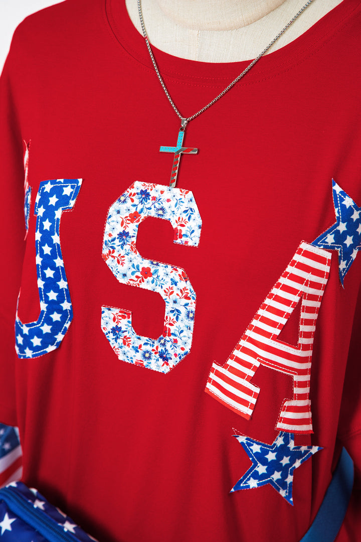 Fiery Red Patriotic USA Slogan Patch Embroidery Short Sleeve T Shirt