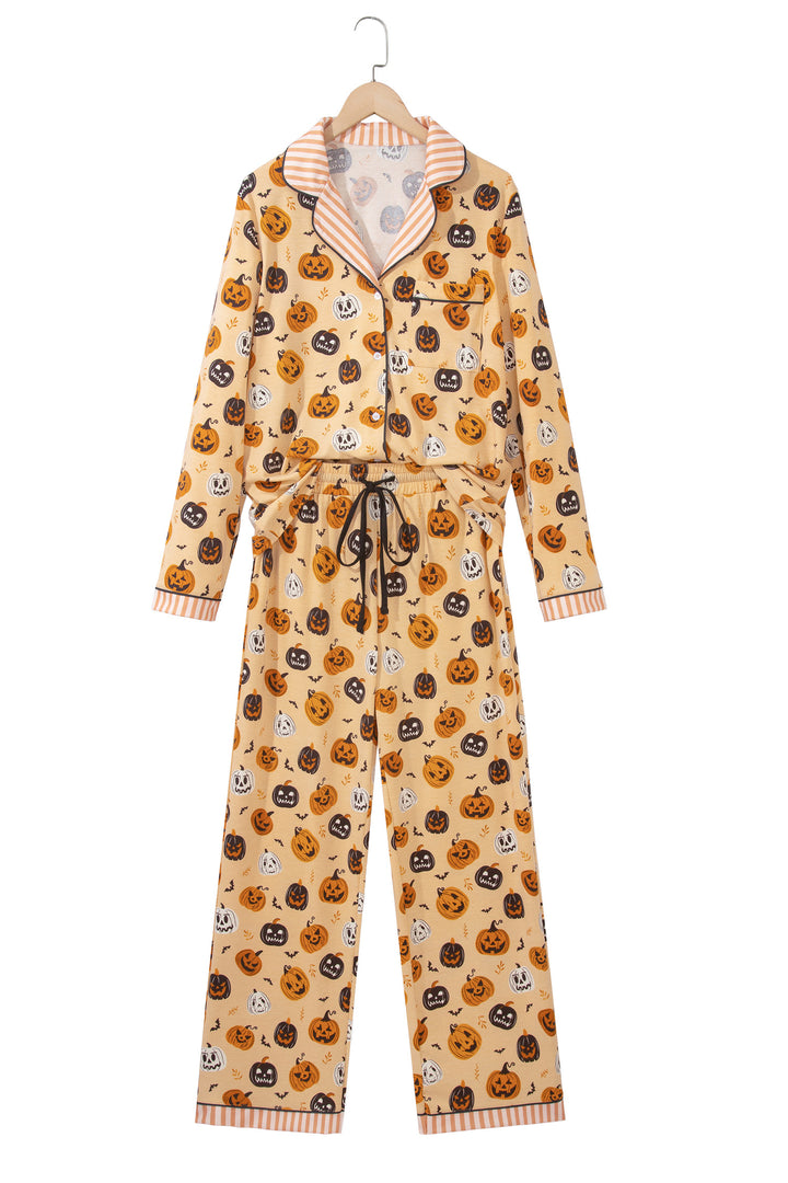 Orange Halloween Pumpkin Print Two Piece Long Sleeve Lounge Set