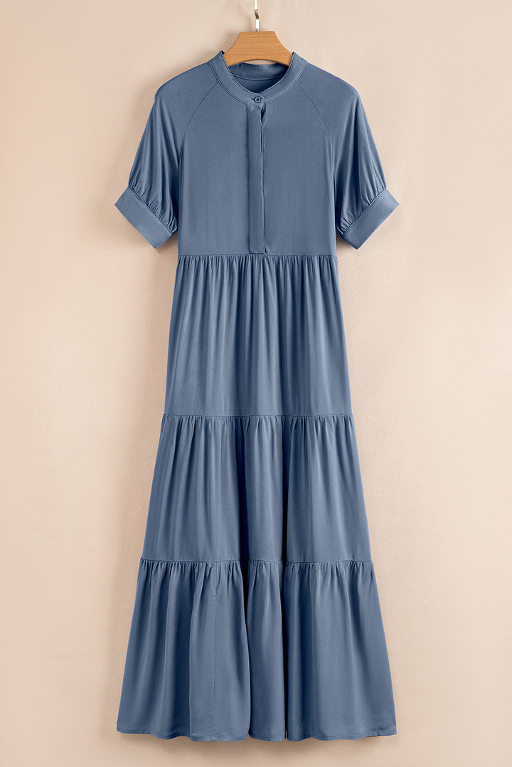 Robe longue évasée à volants et manches courtes, boutons cachés