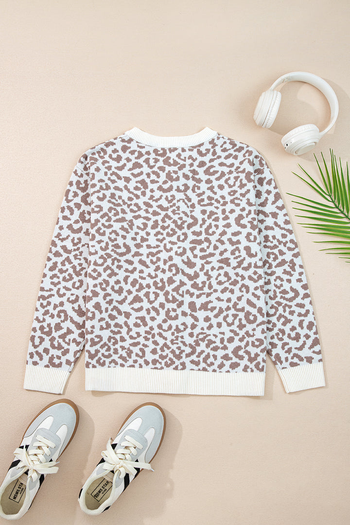 Leopard Drop Shoulder Chunky Knitted Cardigan Sweater