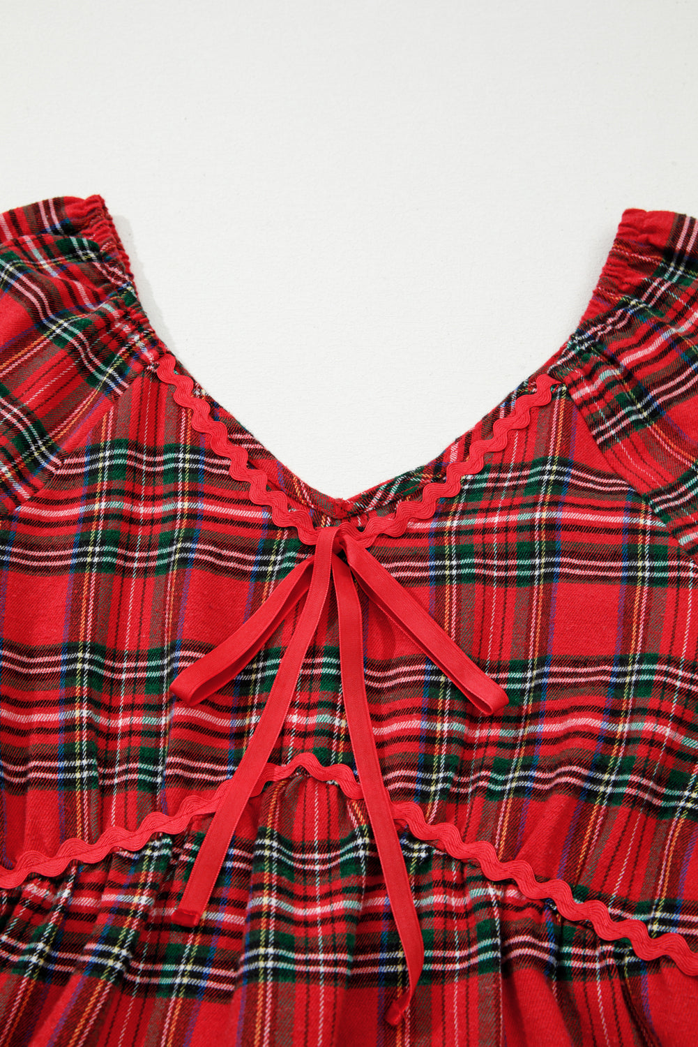 Plaid Print Ricrac Tiered Bubble Sleeve Mini Dress