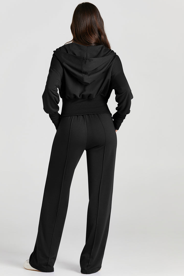 Black Double Zipper Hooded Jacket and Sweatpants Active Set