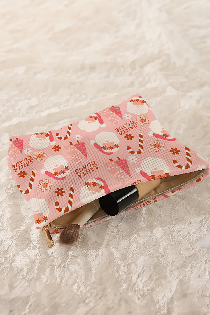 Christmas Fashion Print Corduroy Zip Up Cosmetic Bag