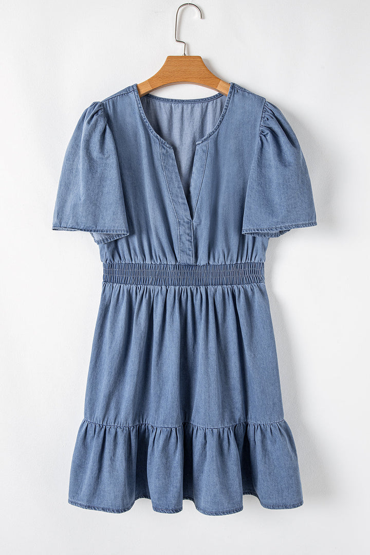Ruffled V Neck Smocked High Waist Denim Mini Dress