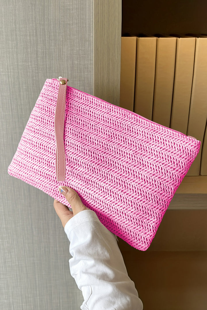 Straw Woven Wrist Strap Zipper Large Wallet