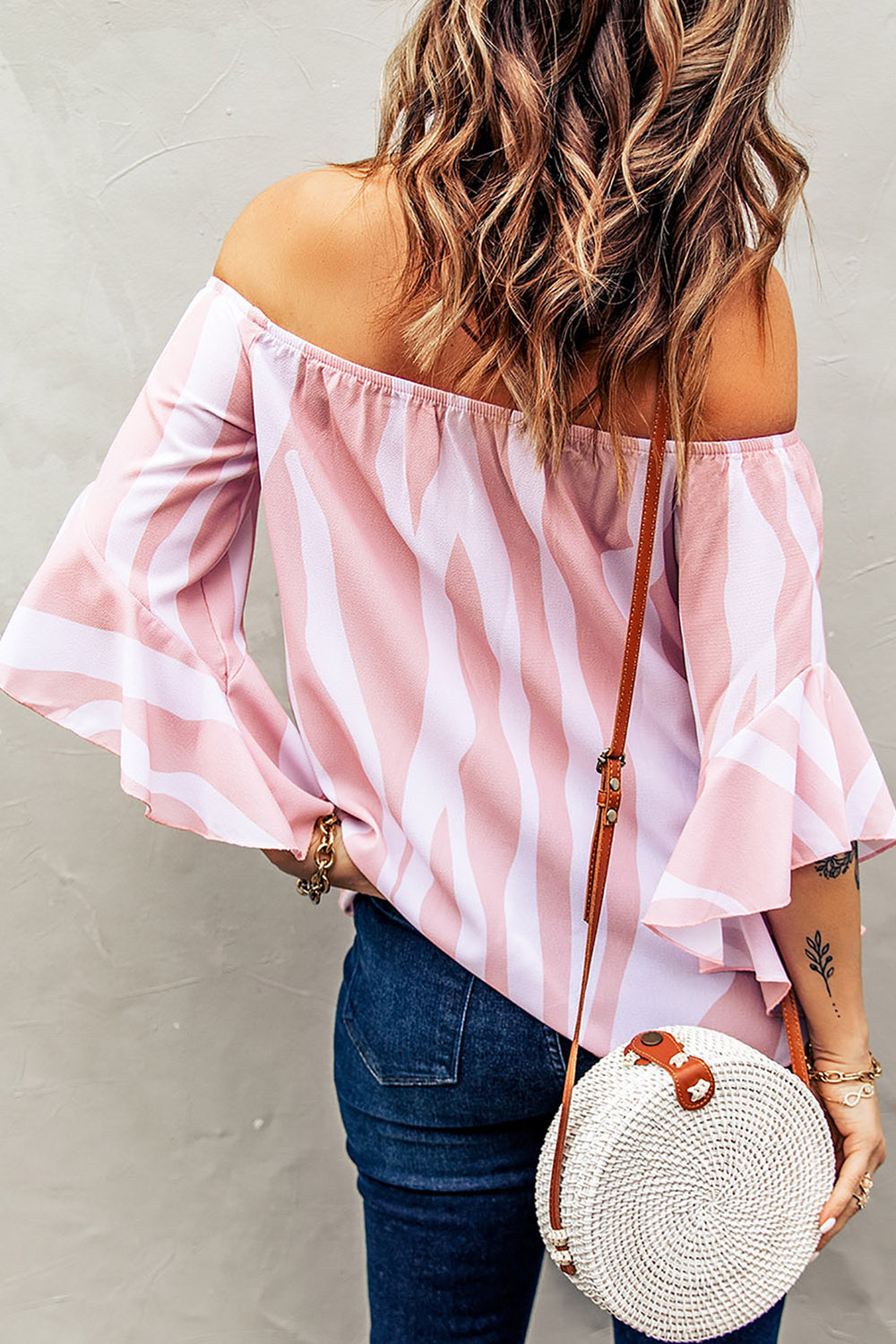 Off The Shoulder Pink White Vertical Stripes Blouse