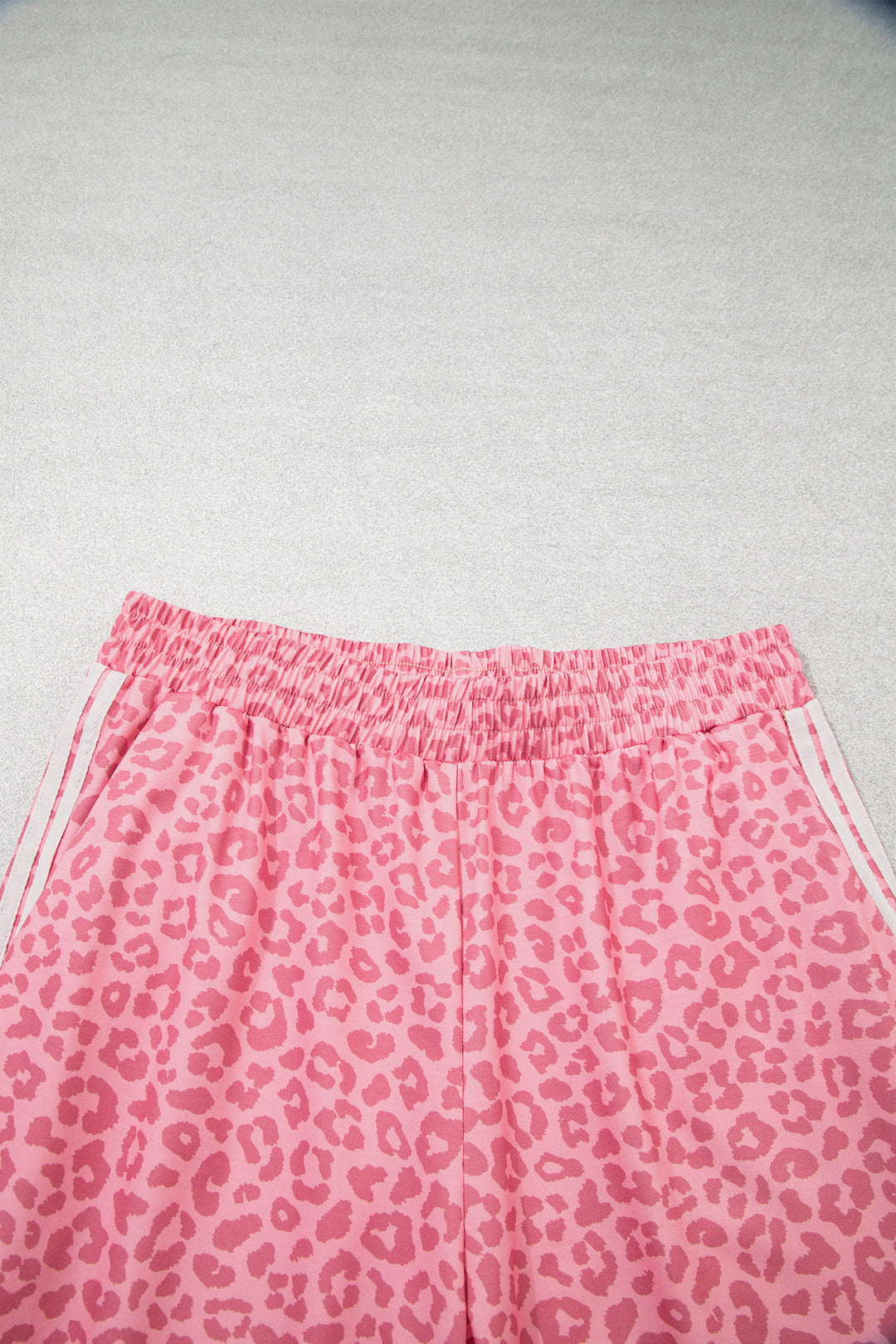 Pink Leopard Print Varsity Striped Detail 3/4 Sleeve Top Shift Pant Set