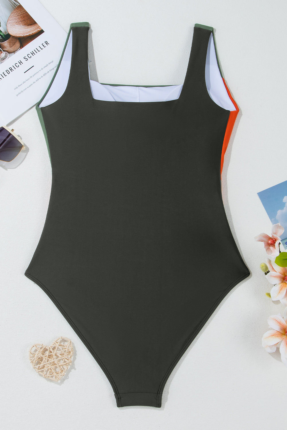 color block padded square neck one piece swimsuit