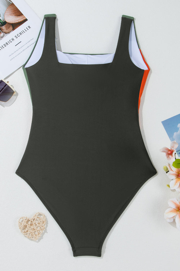 color block padded square neck one piece swimsuit