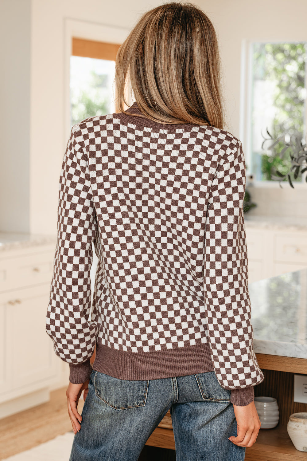 Half Button Ribbed Trim Checkerboard Knit Sweater