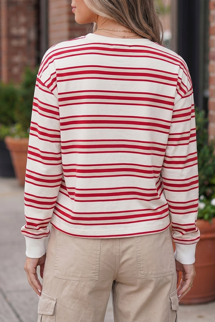 Red Stripe Dropped Shoulder Long Sleeve Casual Pullover Top